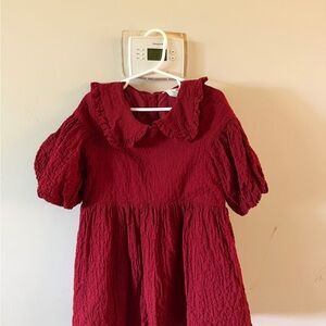 H&M Girls' Red Textured Puff-Sleeve Dress with Ruffled Collar
